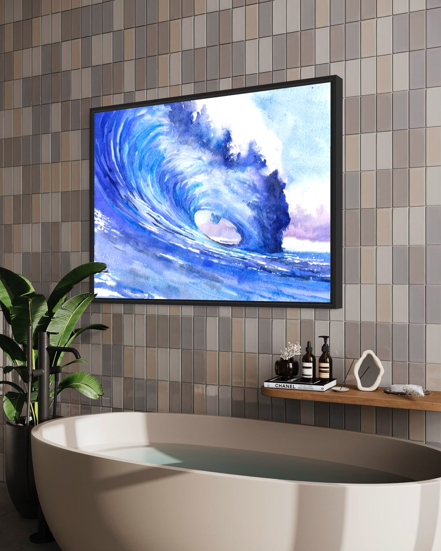 Ocean waves colorful blue watercolor landscape nautical beach house artwork handmade item surfing decor (print)