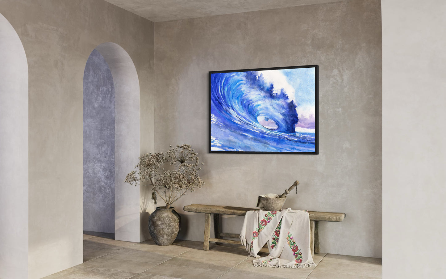 Ocean waves colorful blue watercolor landscape nautical beach house artwork handmade item surfing decor (print)