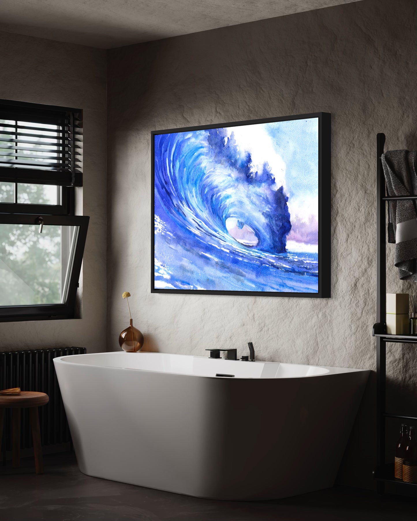 Ocean waves colorful blue watercolor landscape nautical beach house artwork handmade item surfing decor (print)