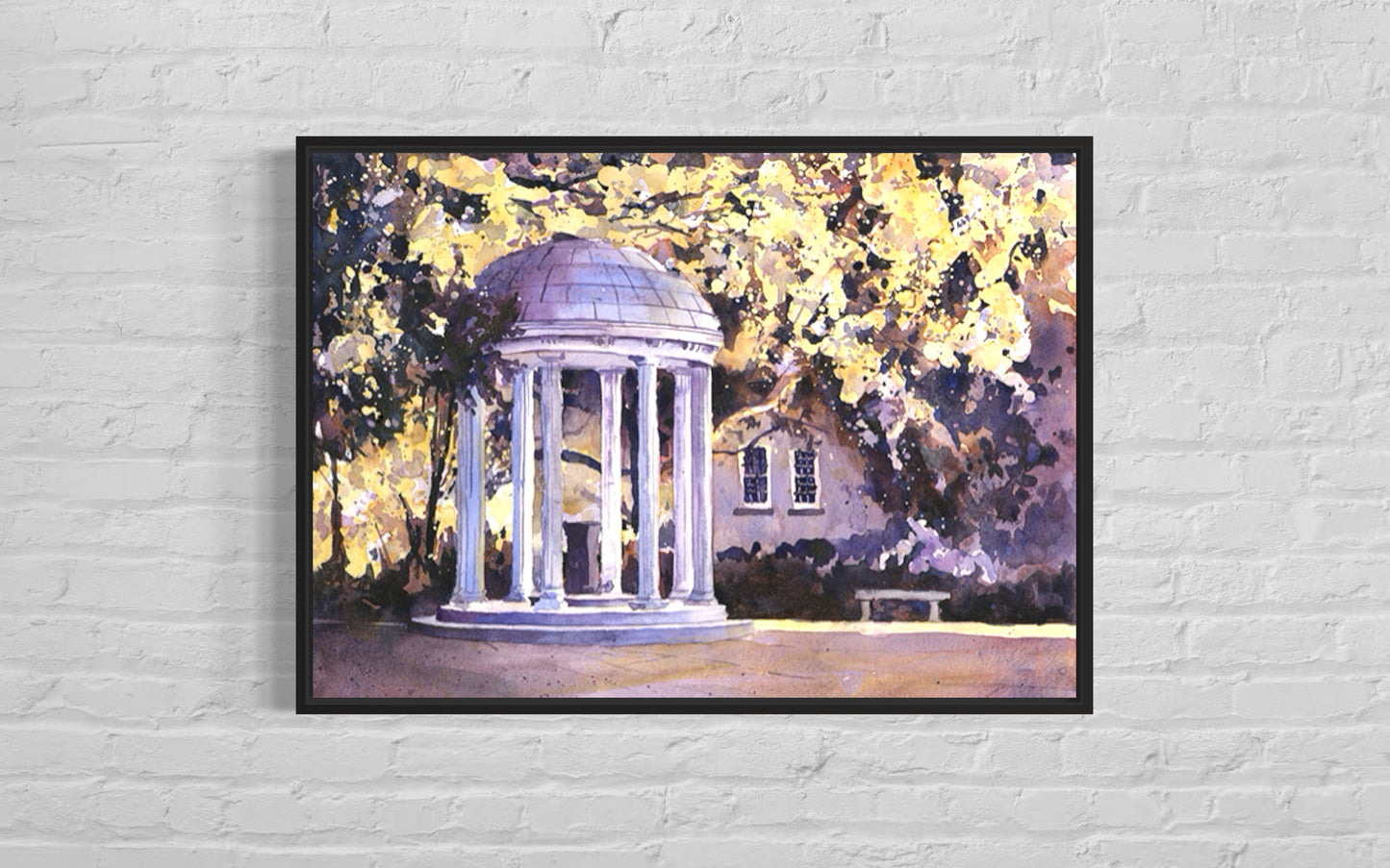 Hand-painted landscape watercolor of UNC’s Old Well framed by trees and Carolina blue sky—perfect wall art or alumni gift for graduation celebrations.