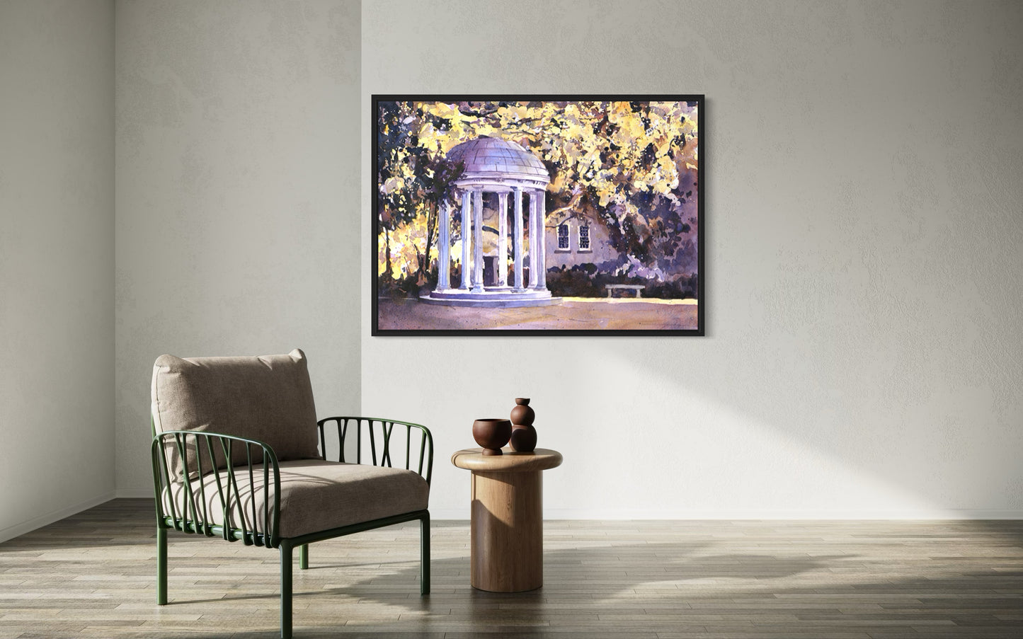 UNC Old Well painting gift for graduate, featuring a soft watercolor landscape of the historic Chapel Hill landmark with natural foliage and architectural charm.