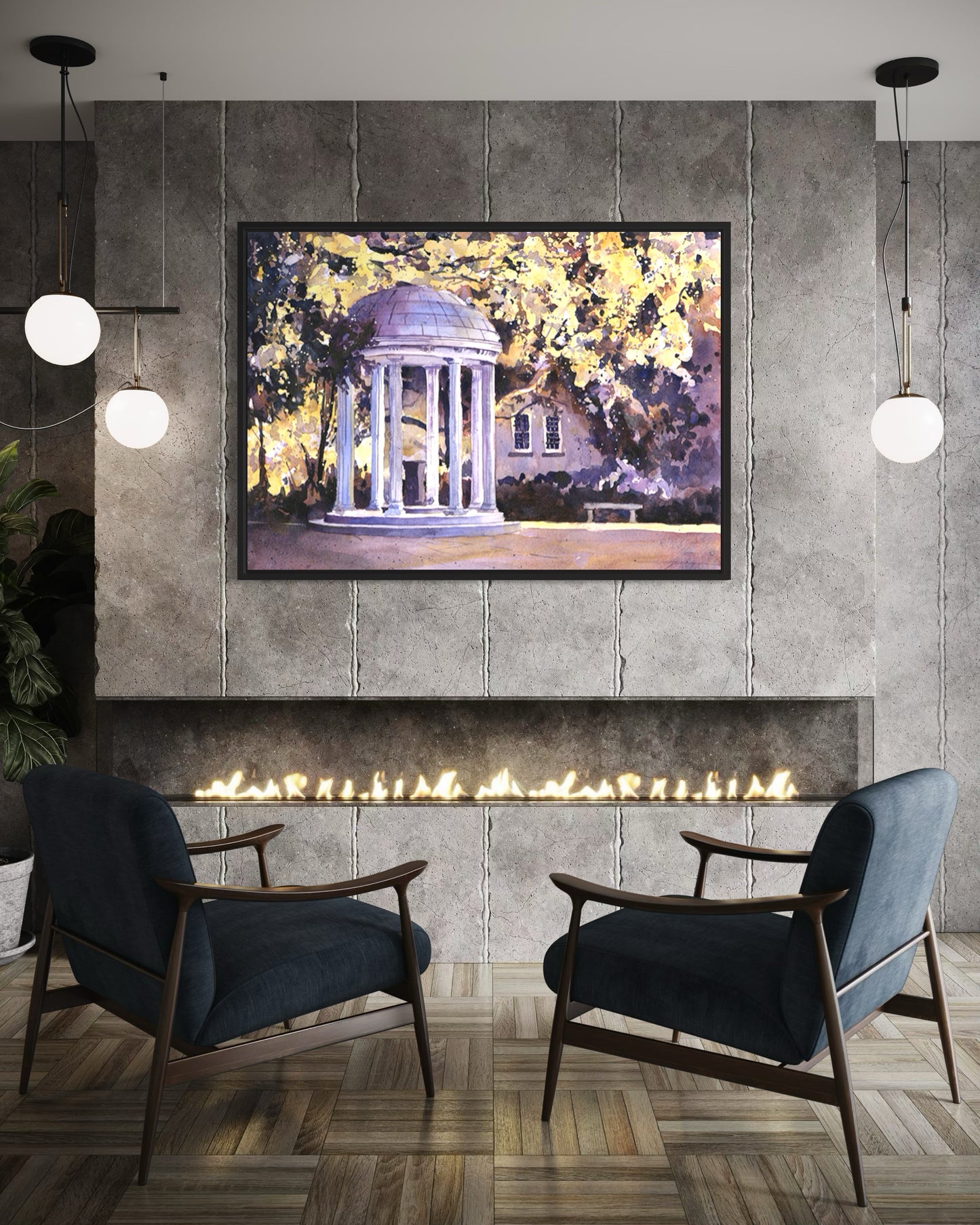 Fine art landscape painting (print) of the iconic Old Well at UNC, ideal Chapel Hill NC wall art and a meaningful alumni present for Tar Heel graduates.