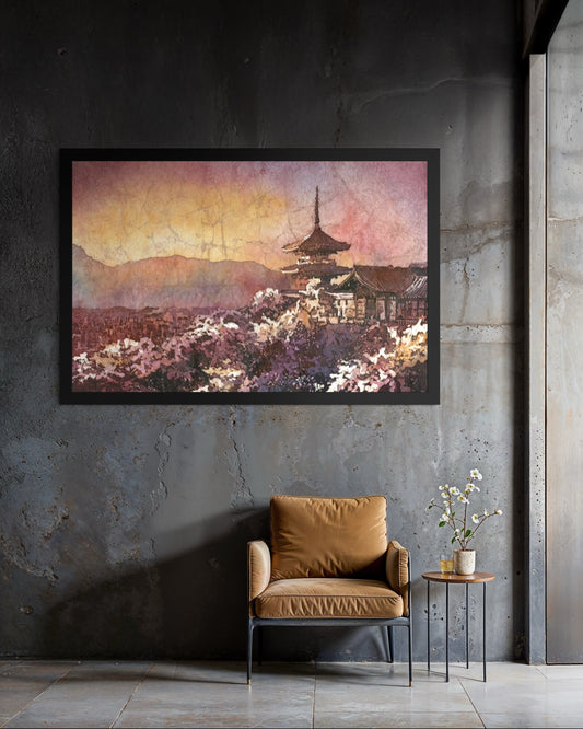 Kyoto Japan sunset landscape with Kiyomizu-dera — vibrant watercolor batik temple scene, original handmade artwork