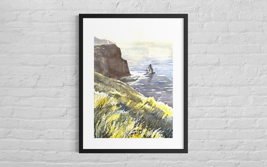 Scenic Irish coastline watercolor landscape featuring the Cliffs of Moher and Atlantic Ocean