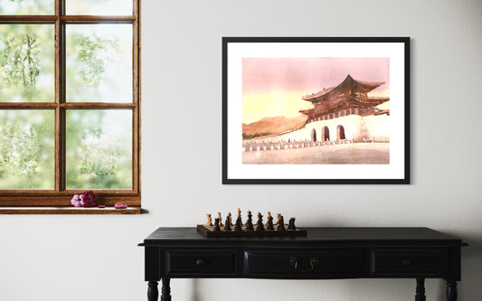Fine art watercolor of Gyeongbokgung Palace in Seoul – Korean historical landmark illustration for travel and decor