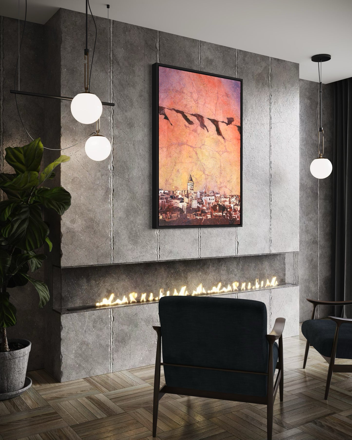 This Istanbul Skyline Watercolor Art Print Galata Tower Architecture features a historic Turkish skyline, with delicate batik textures and flowing watercolor gradients capturing the charm of Istanbul’s timeless architecture.