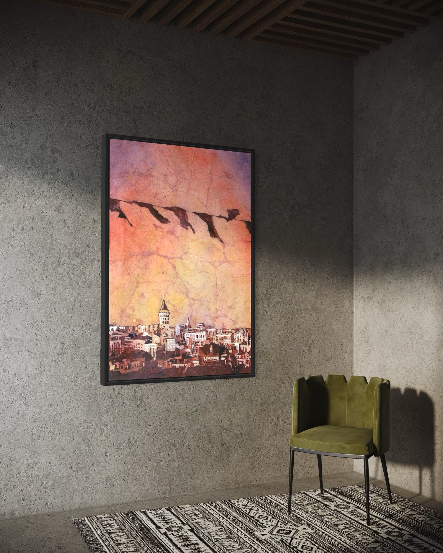 A captivating Istanbul Skyline Watercolor Art Print with Galata Tower Architecture in the center, surrounded by clustered buildings and silhouetted flags against a glowing, textured sky in orange and violet tones.