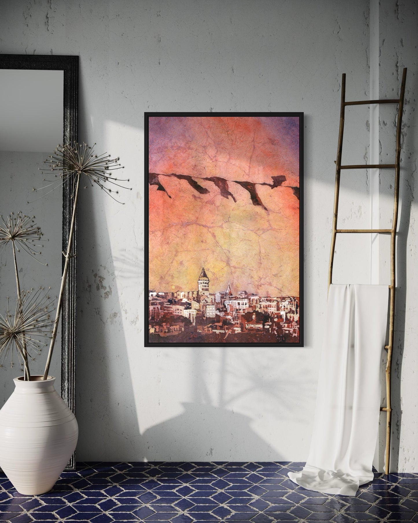 An expressive Istanbul Skyline Watercolor Art Print Galata Tower Architecture composition where the famous tower anchors the view, framed by abstract rooftops and vibrant batik-styled sky in sunset tones.