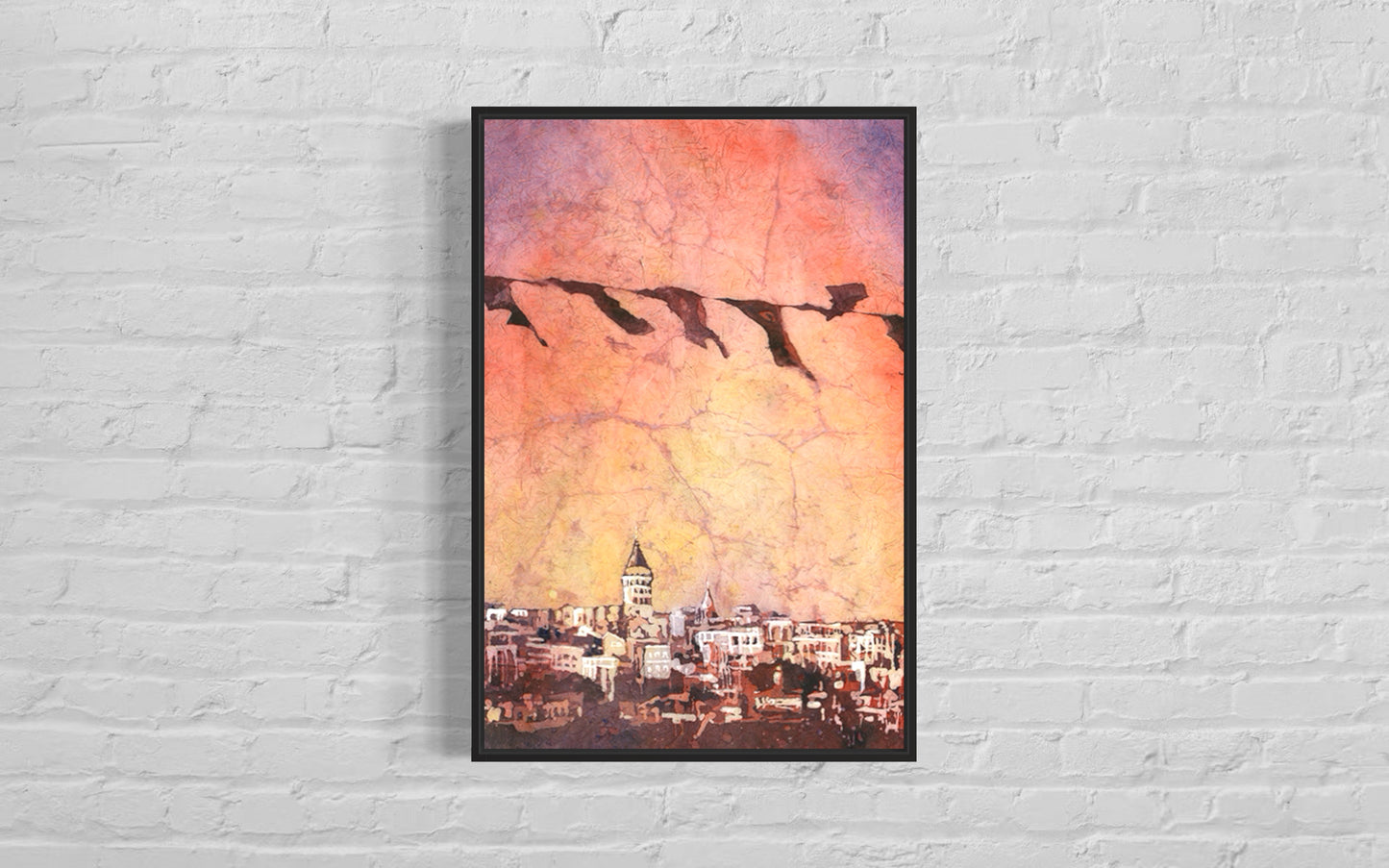Original Istanbul Skyline Watercolor Art Print Galata Tower Architecture showing the city’s urban beauty at dusk, with layered textures and loose brushstrokes evoking the rich history and spirit of Istanbul.