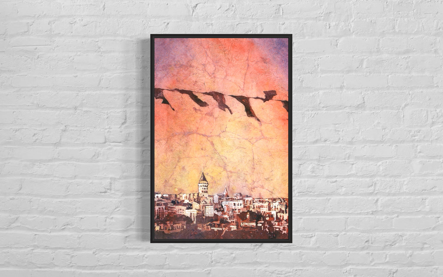 Original Istanbul Skyline Watercolor Art Print Galata Tower Architecture showing the city’s urban beauty at dusk, with layered textures and loose brushstrokes evoking the rich history and spirit of Istanbul.