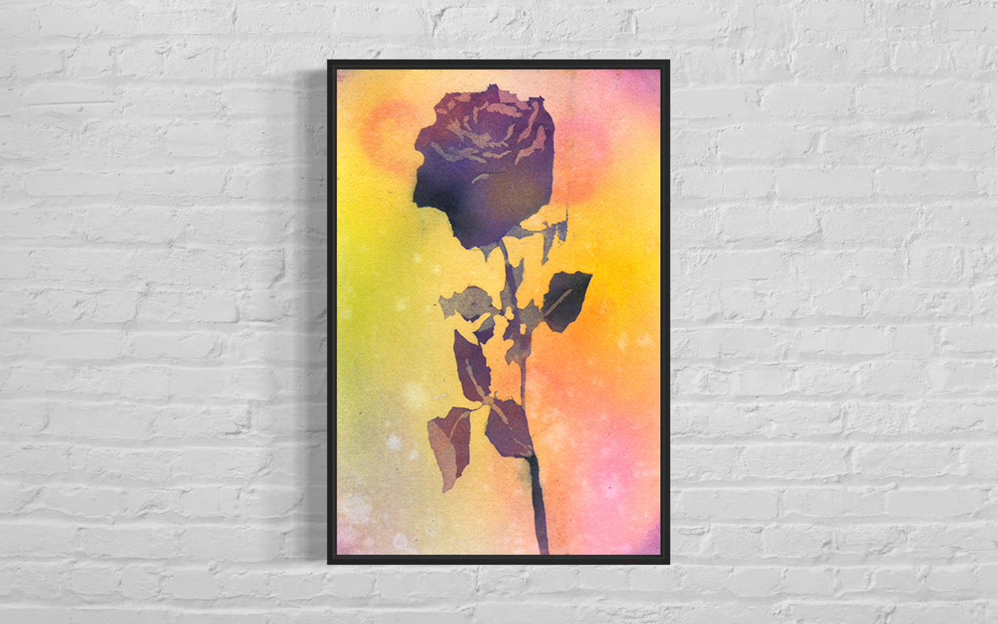A moody and elegant rose art (original), this fine art painting of rose colorful artwork blends watercolor technique with a bold flower silhouette, layered over a warm, glowing abstract wash of color.