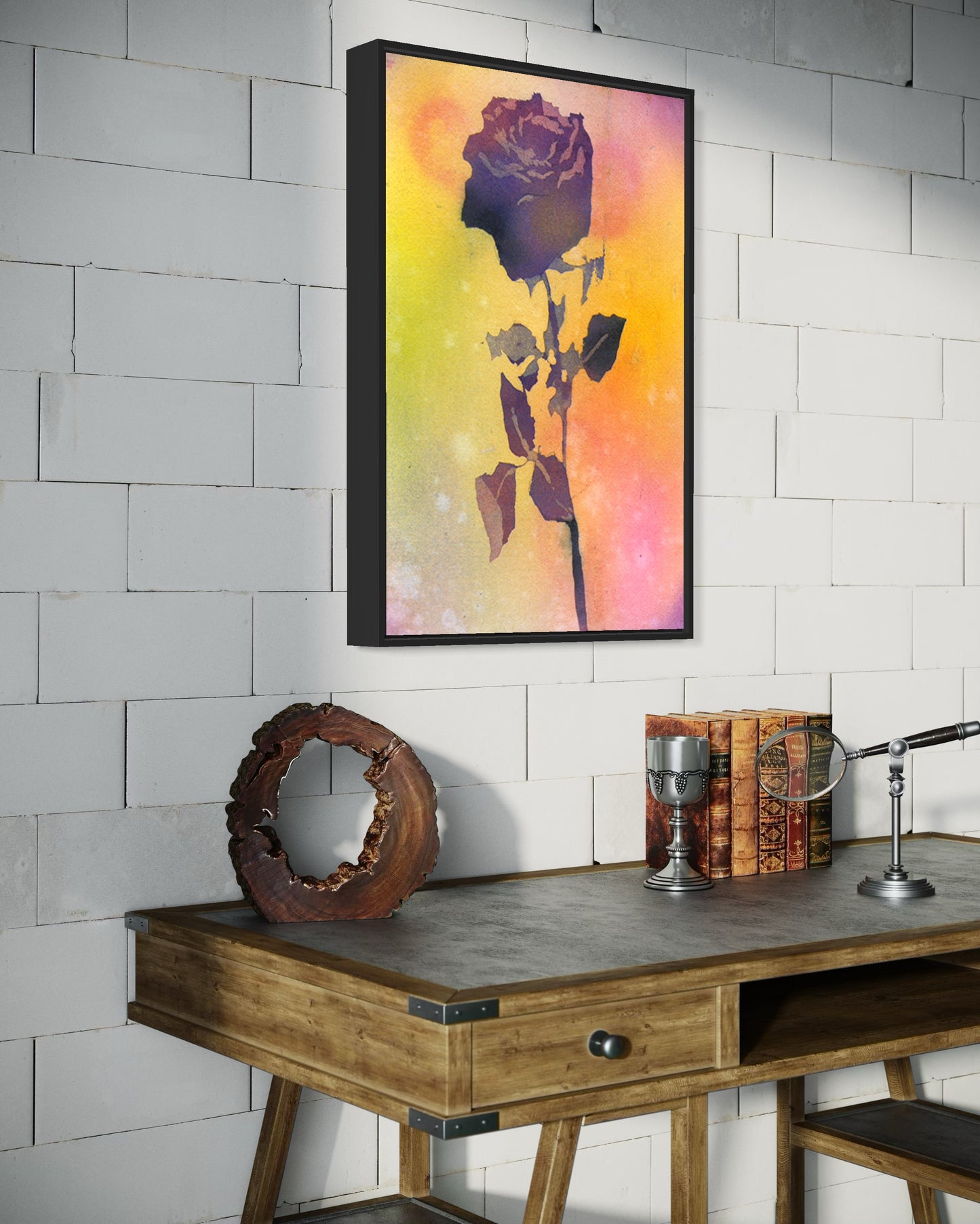 Fine art print of a single rose painted in rich violet tones, surrounded by a multicolored watercolor haze — a rose floral artwork fine art print flower painting rose art (original) that evokes both strength and softness.