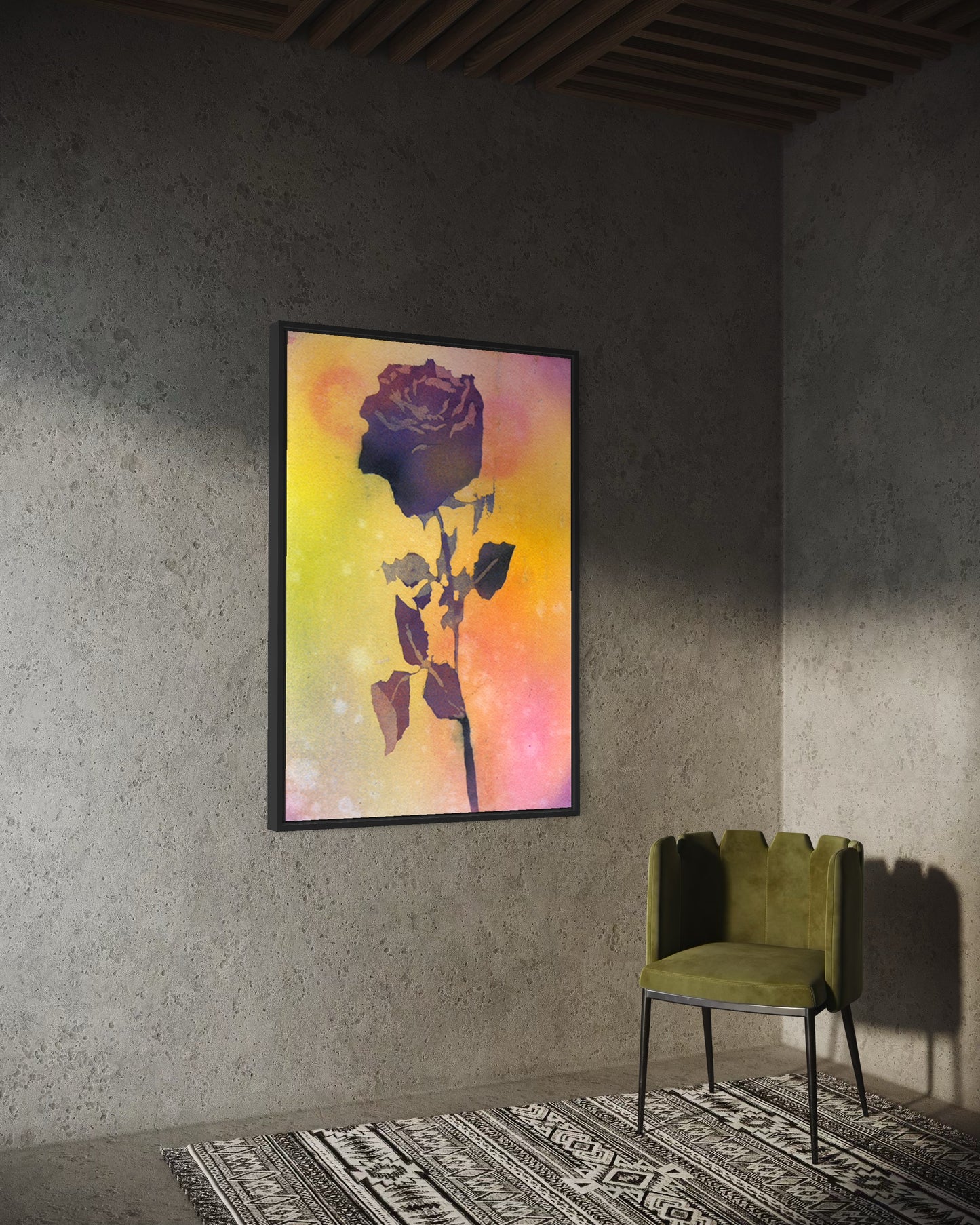 Rose fine art watercolor painting with a dramatic purple rose silhouette centered on a luminous background of blended pastel tones, making it a perfect floral artwork fine art print for modern or romantic interiors.