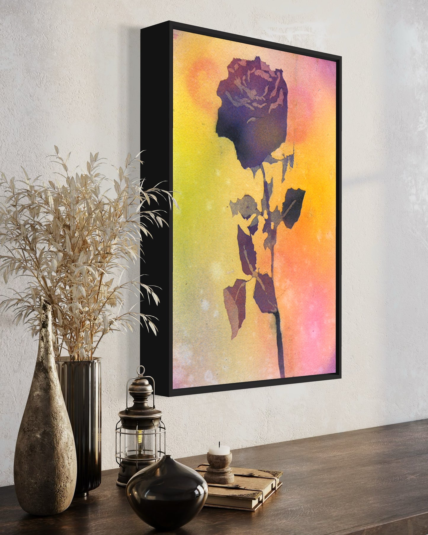 This fine art painting of rose colorful artwork rose floral artwork fine art print flower painting rose art (original) captures a minimalist yet expressive silhouette of a blooming rose set against a vibrant watercolor wash in soft rainbow hues.