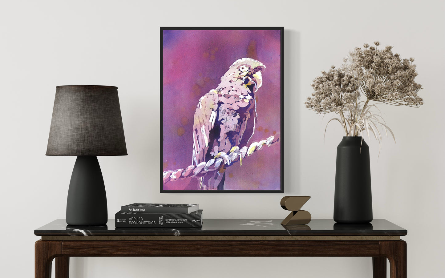 A lively and expressive colorful watercolor painting bird on branch wildlife home decor-original, depicting a wild bird in profile with textured plumage and a soft background of blended natural hues — ideal for rustic or nature-themed interiors.
