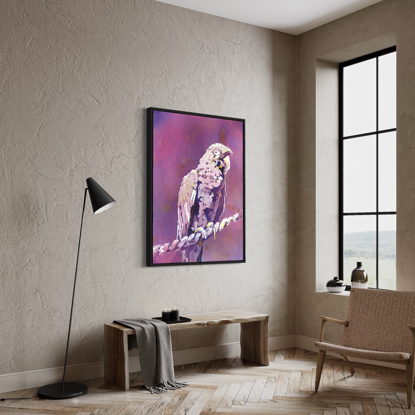 Graceful and vibrant, this colorful watercolor painting bird on branch wildlife home decor-original illustrates a solitary bird gazing into the distance, framed by leafy foliage in dreamy watercolor gradients that bring warmth and calm to any room.