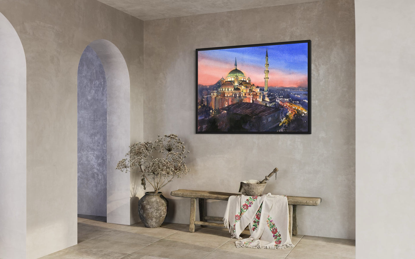 Istanbul Turkey skyline art print showing colorful streets and architectural domes under a bright sky—perfect for cultural home decor or art for house.