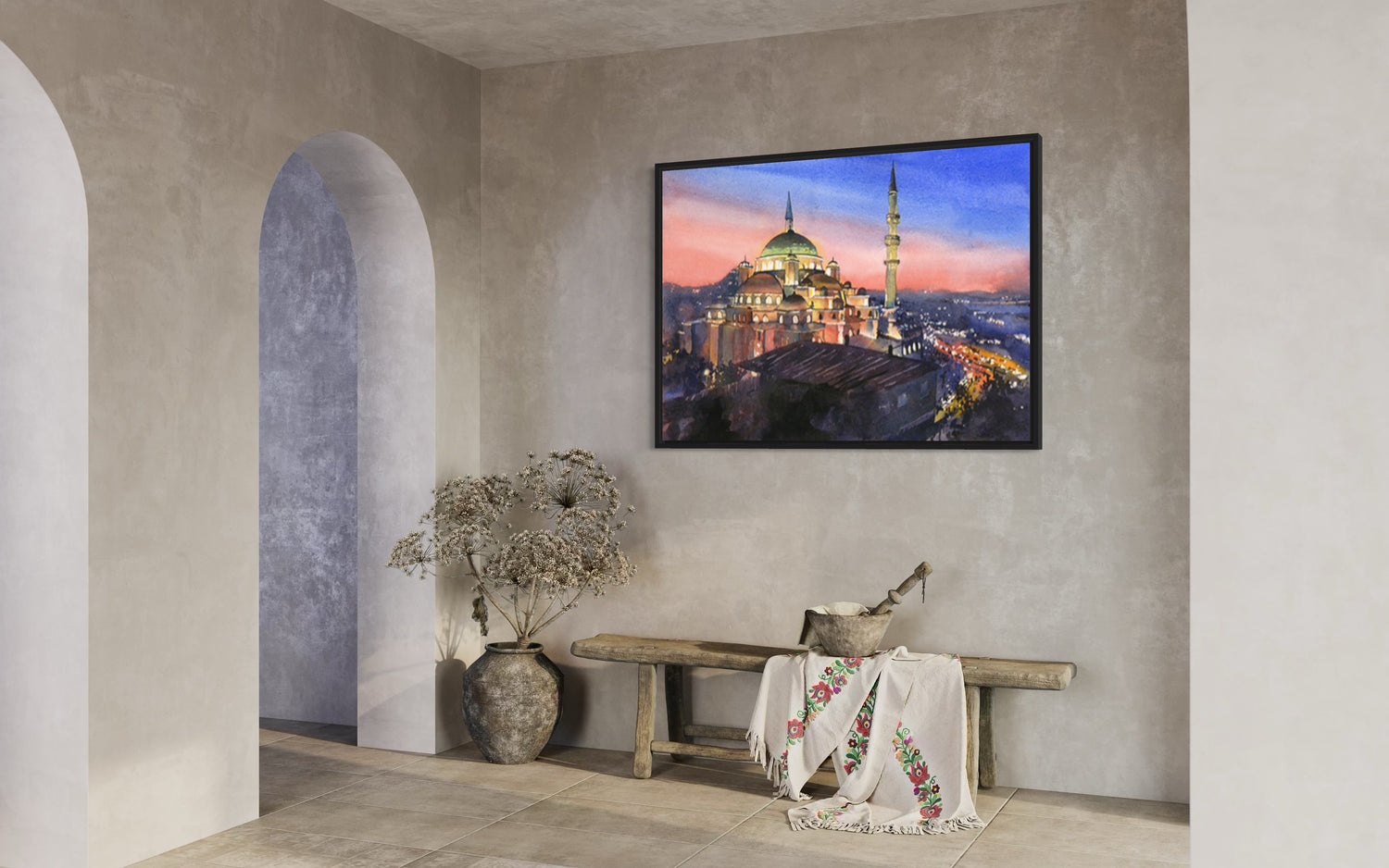 Istanbul Turkey skyline art print showing colorful streets and architectural domes under a bright sky—perfect for cultural home decor or art for house.