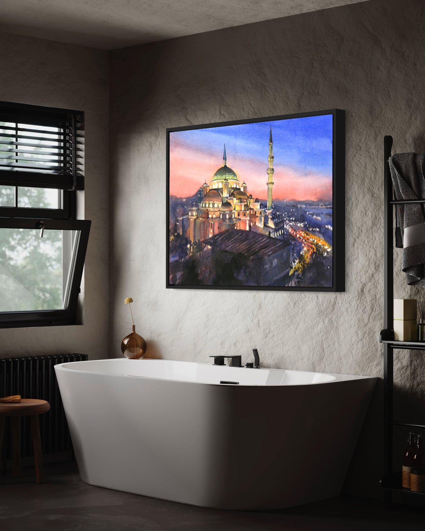 Watercolor painting of the Istanbul Turkey skyline at sunset with the silhouette of the Yeni Mosque and glowing cityscape—ideal travel essentials and art for home/office.
