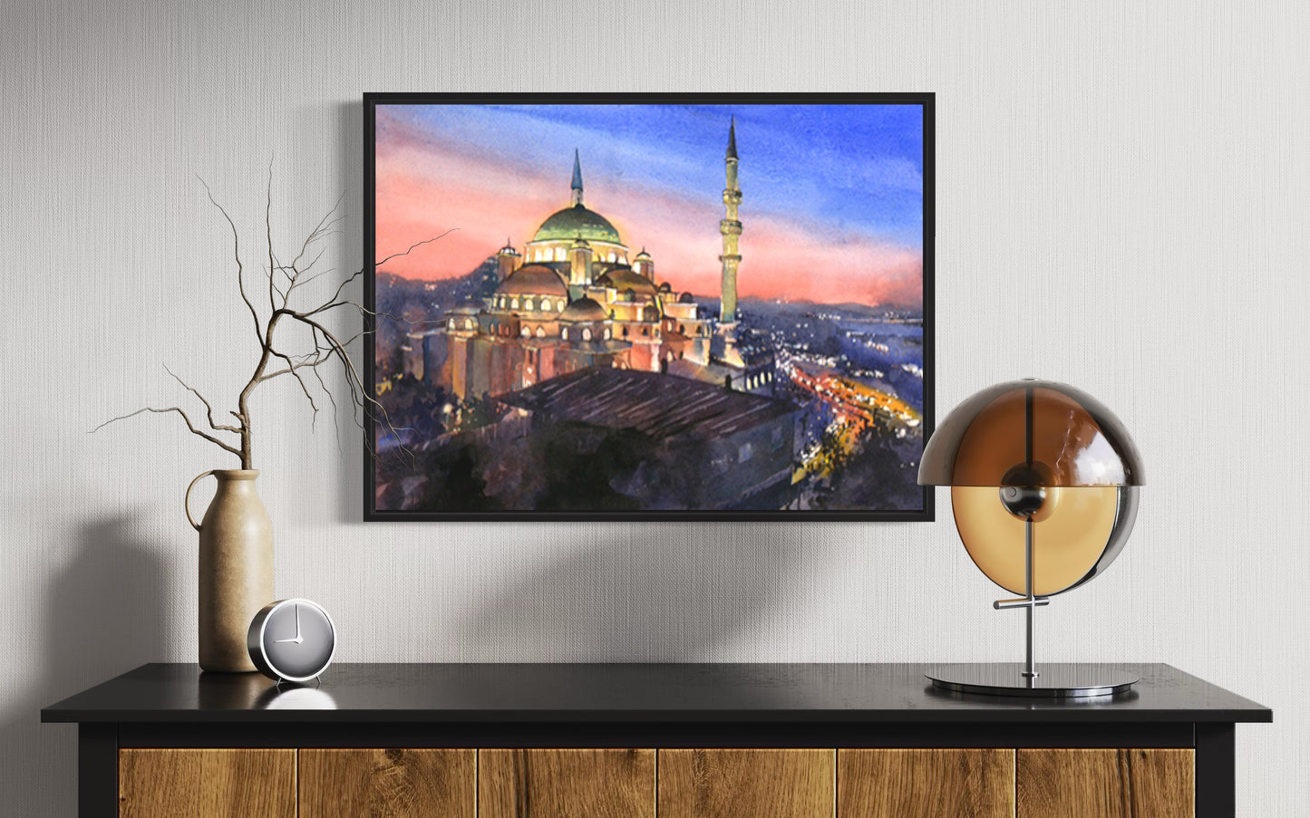 Istanbul Turkey skyline watercolor showing the domes and minarets of Yeni Mosque under a radiant sunset sky—great for global decor and gift for him or her.