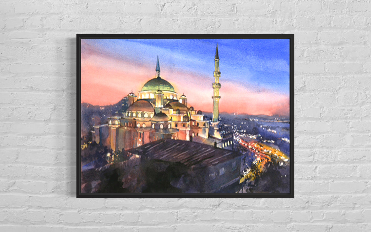 Fine art watercolor of the Istanbul skyline featuring the majestic Yeni Mosque against a colorful sunset—perfect for cultural interior design and thoughtful gifts.