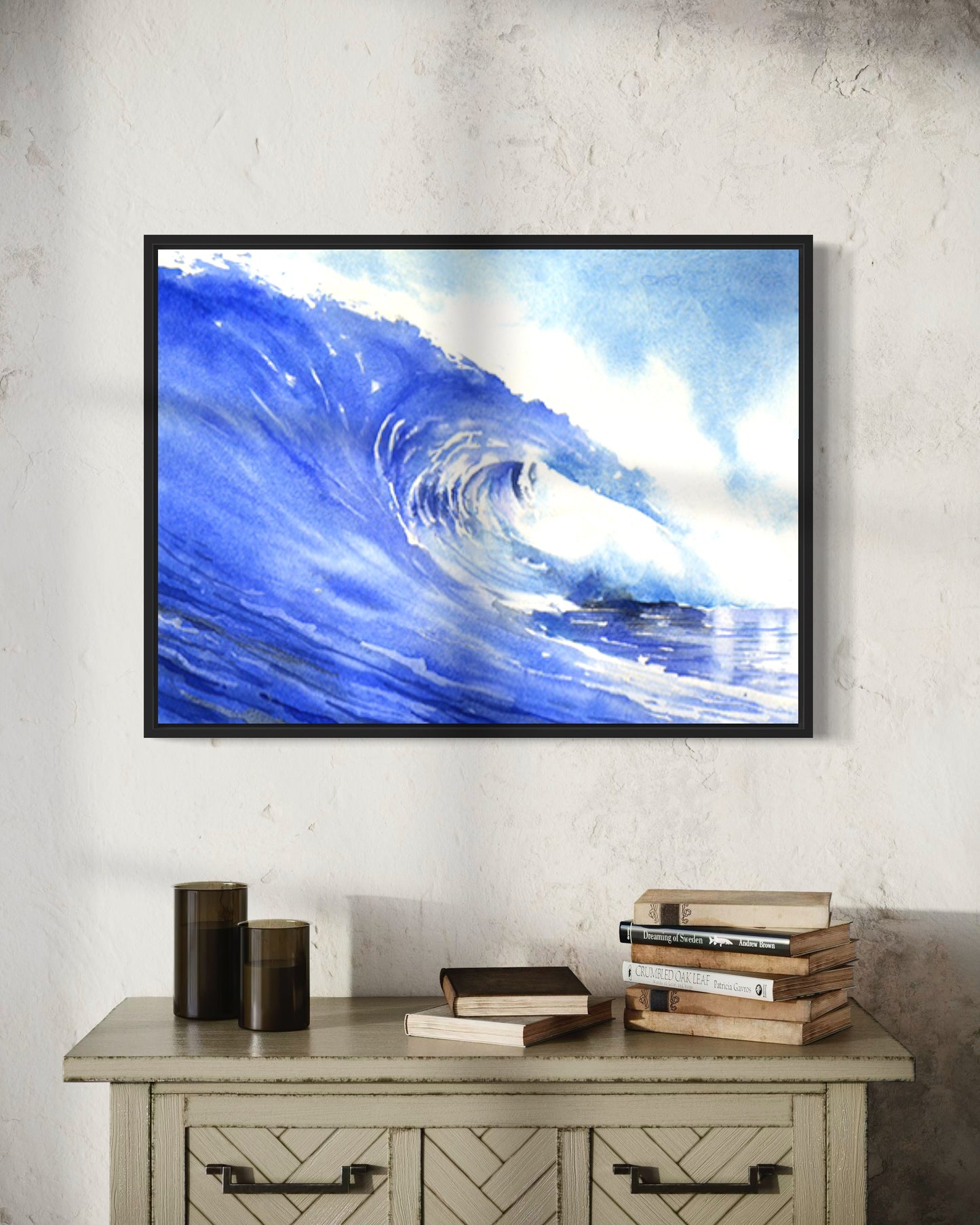 Ocean waves colorful blue watercolor landscape nautical beach house artwork handmade item surfing decor- original