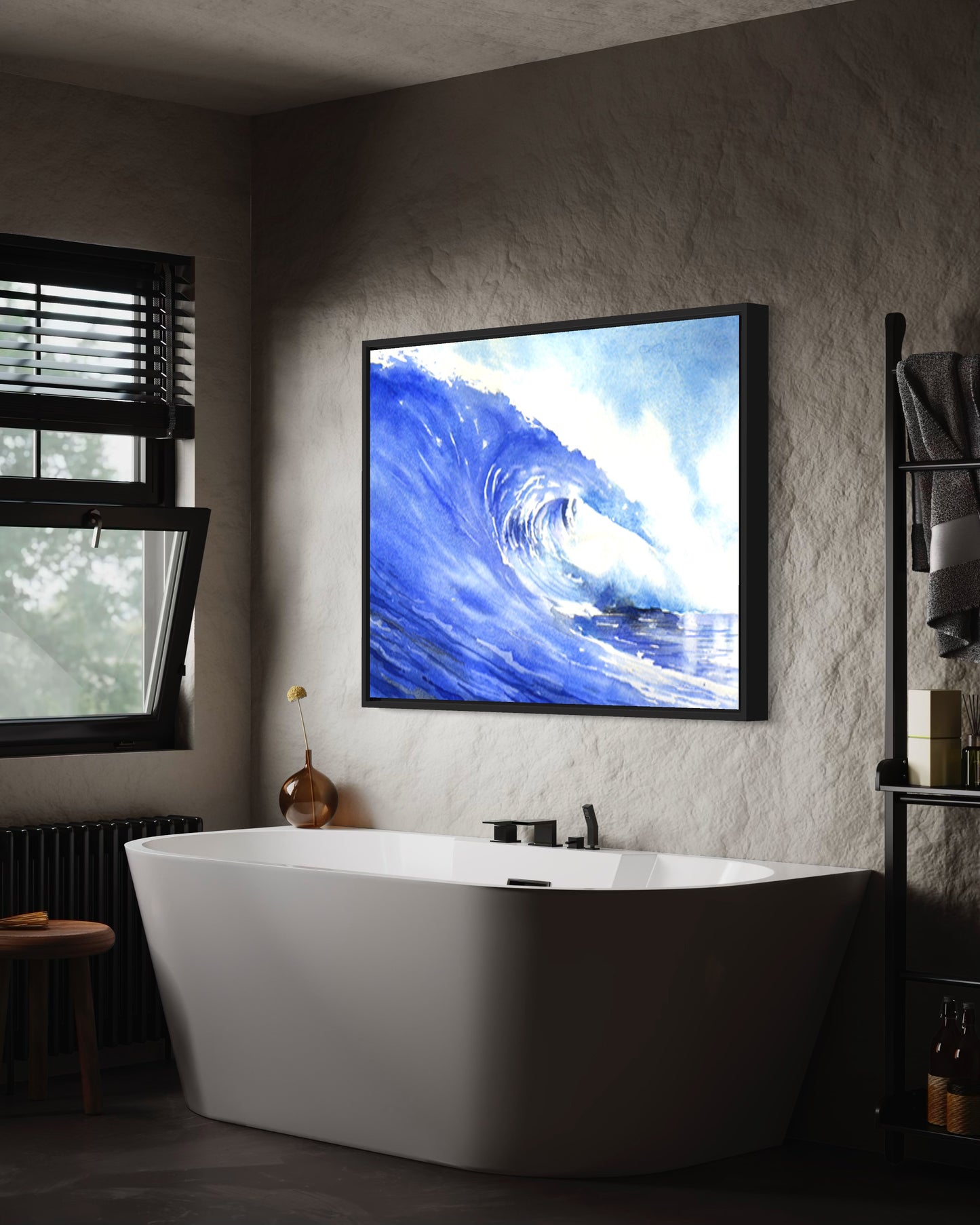 Ocean waves colorful blue watercolor landscape nautical beach house artwork handmade item surfing decor- original