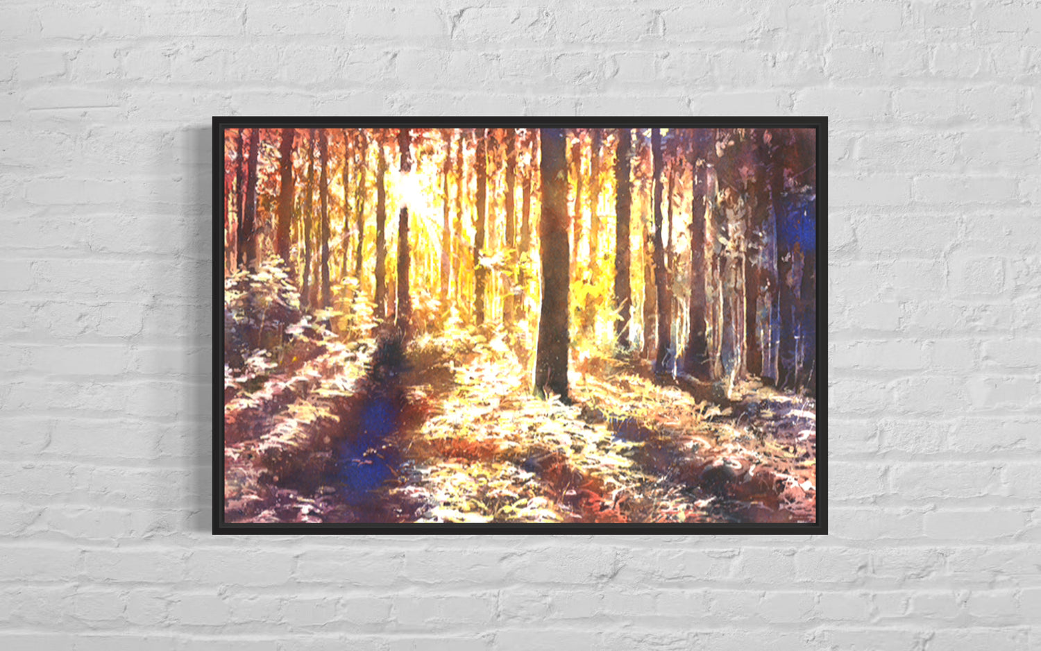 Original watercolor landscape painting art walls sunset housewarming gift showing a serene woodland moment just before dusk, with warm golden light cascading through tall pines and delicate underbrush painted in luminous detail.