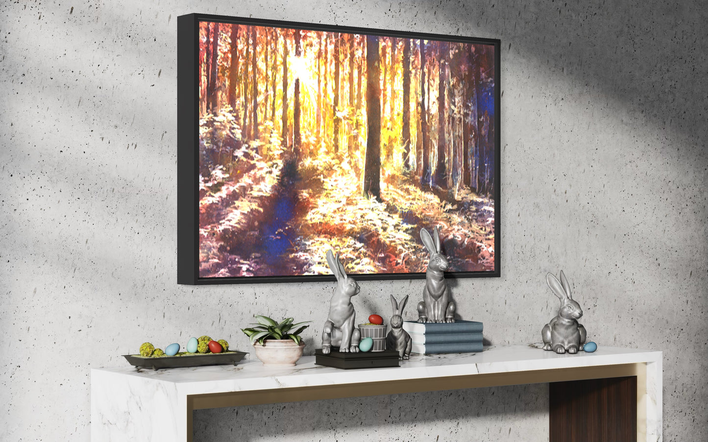 An enchanting forest bathed in sunset light, this original watercolor landscape painting art walls sunset housewarming gift features glowing foliage, long tree shadows, and a peaceful path inviting viewers into nature’s embrace.