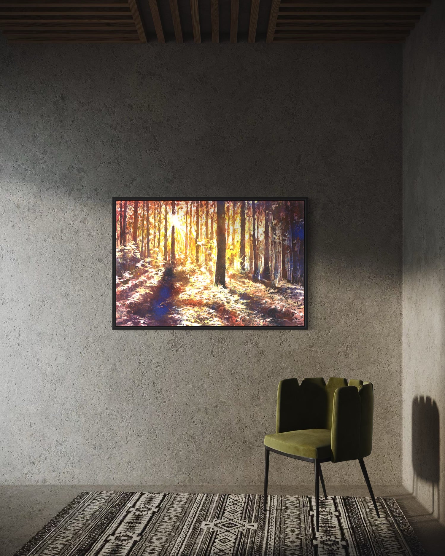 This original watercolor landscape painting art walls sunset housewarming gift depicts a magical woodland scene, where soft beams of sunlight filter between tree trunks, bathing the foliage in rich tones of amber, gold, and violet.