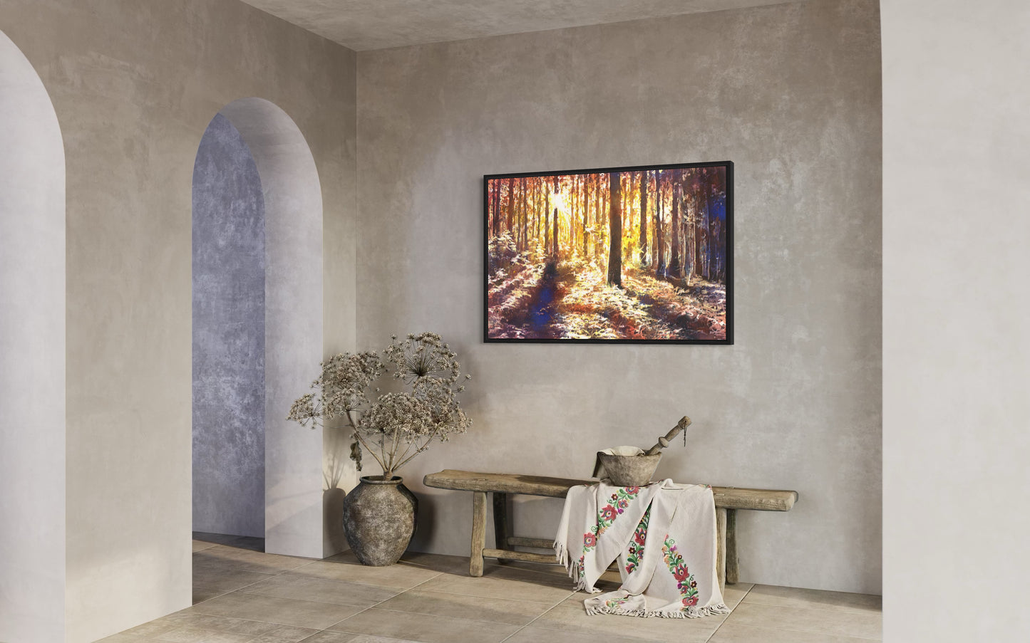 A stunning original watercolor landscape painting of a sunset forest scene, ideal for art walls and a thoughtful housewarming gift, featuring glowing sun rays filtering through trees and reflecting off a lush, textured forest floor.