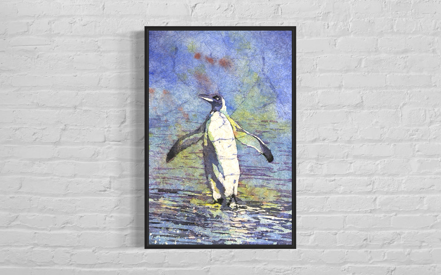 In this Penguin on Beach Watercolor Batik Painting | Original Artwork for Home Decor, the penguin is the central focus, standing confidently in shallow waves as batik-style textures bring depth and movement to the colorful seascape.