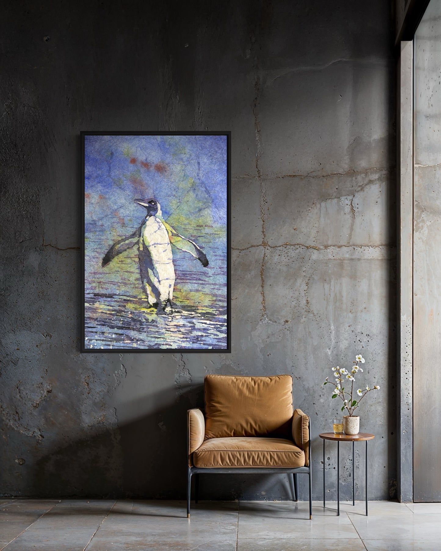 This Penguin on Beach Watercolor Batik Painting | Original Artwork for Home Decor features a lone penguin in mid-step on a reflective shoreline, surrounded by rich shades of indigo, sea green, and subtle golden highlights.