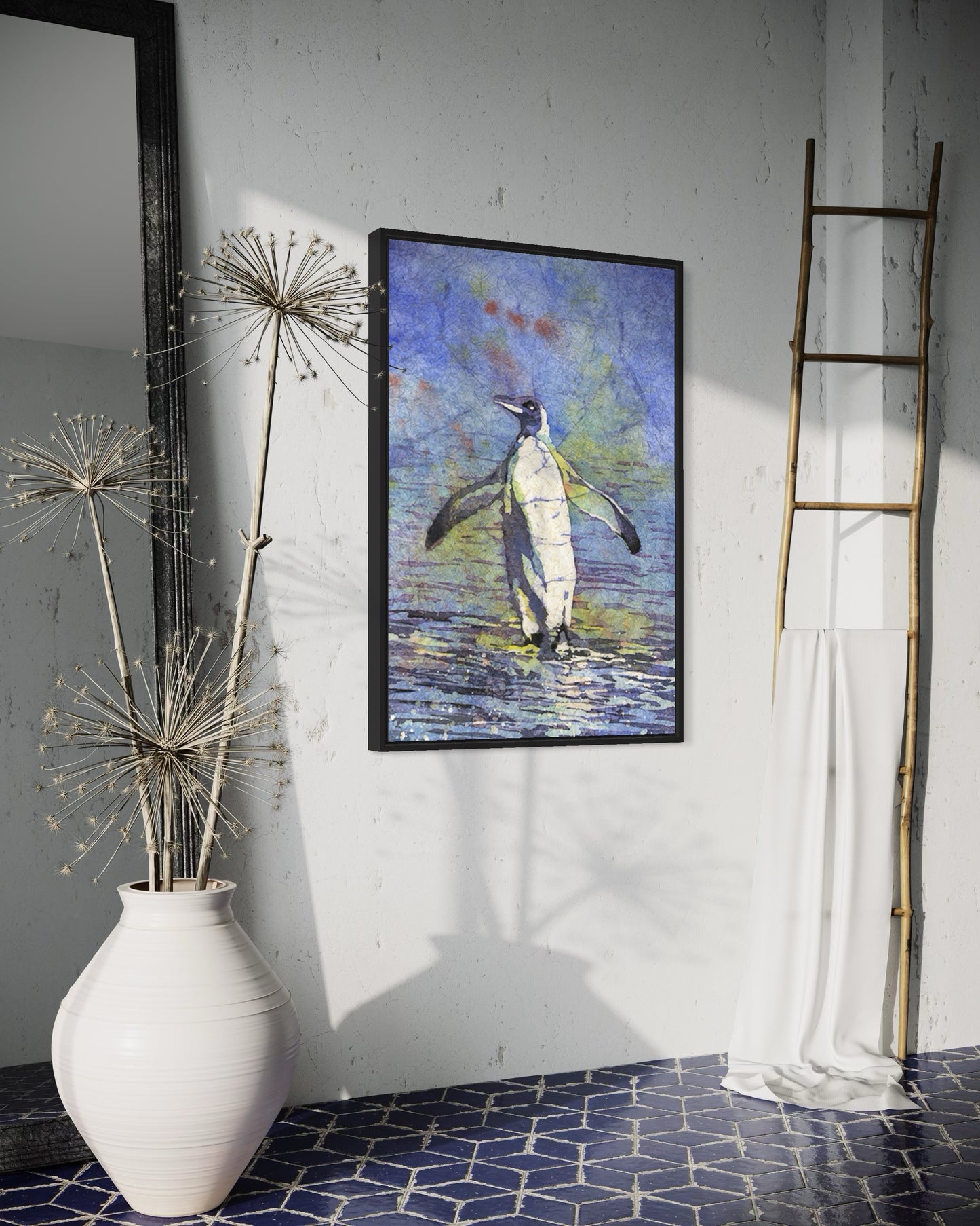 A Penguin on Beach Watercolor Batik Painting | Original Artwork for Home Decor that beautifully blends the loose fluidity of watercolor with intricate batik lines, portraying a penguin joyfully wading in sparkling ocean water.
