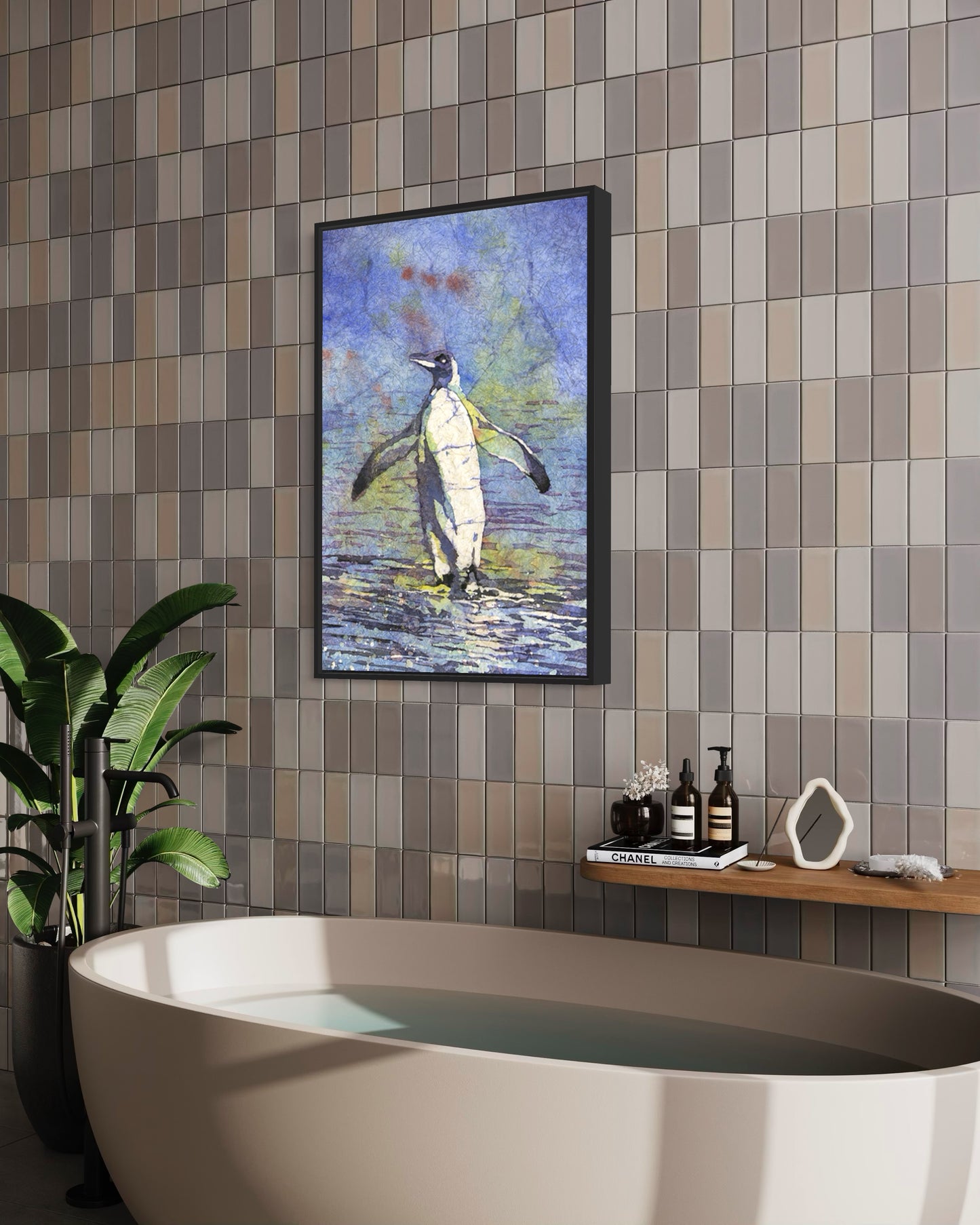Original artwork for home decor, this Penguin on Beach Watercolor Batik Painting shows a charming penguin in motion, its wings raised against a textured background of layered blues and earthy hues, evoking peaceful coastal vibes.