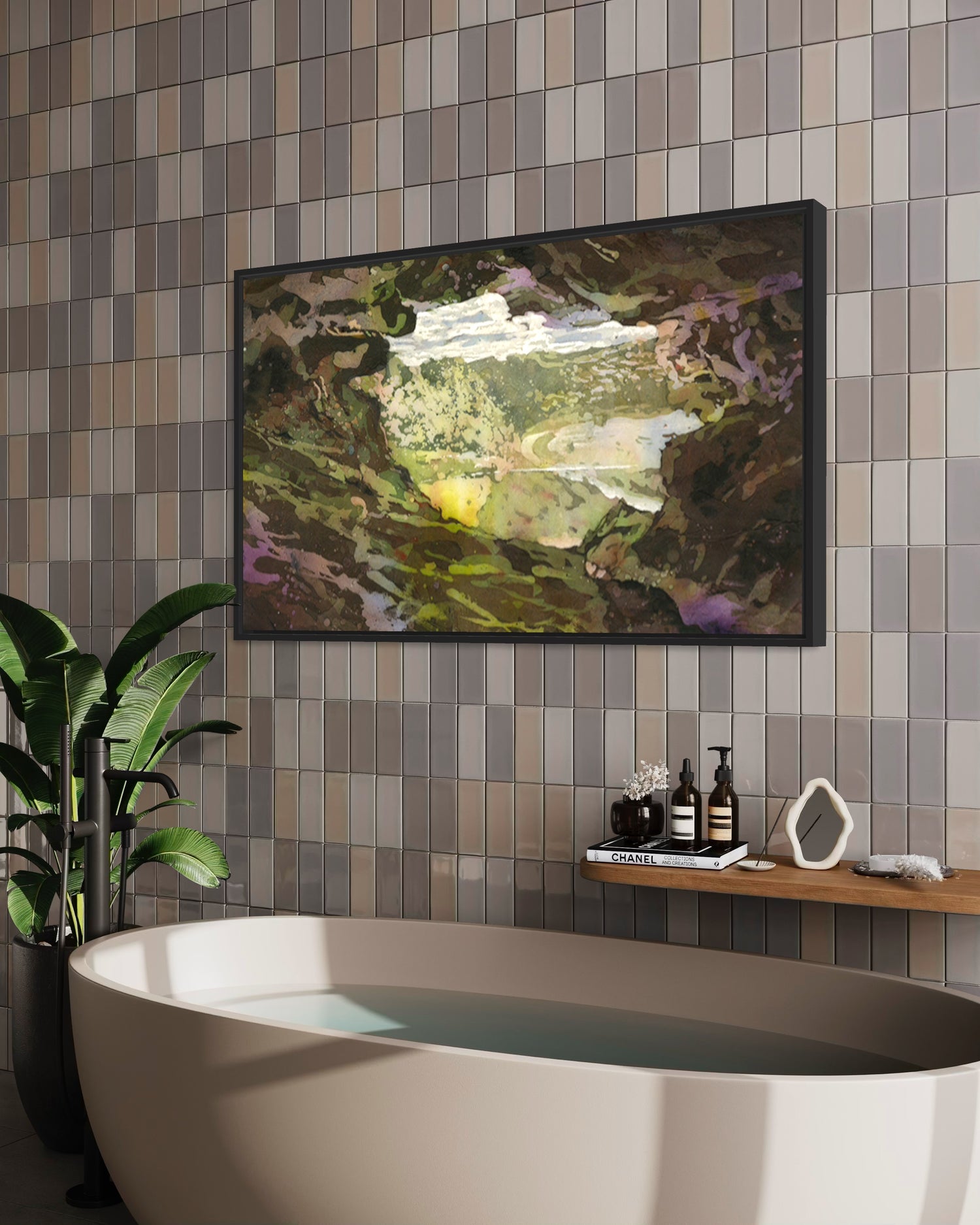 Original Cueva Ventana Puerto Rico Watercolor Batik | Giclee print portraying the iconic cave view with earthy browns and vibrant green highlights, inviting the viewer into a peaceful tropical escape through layered watercolor and batik detail.