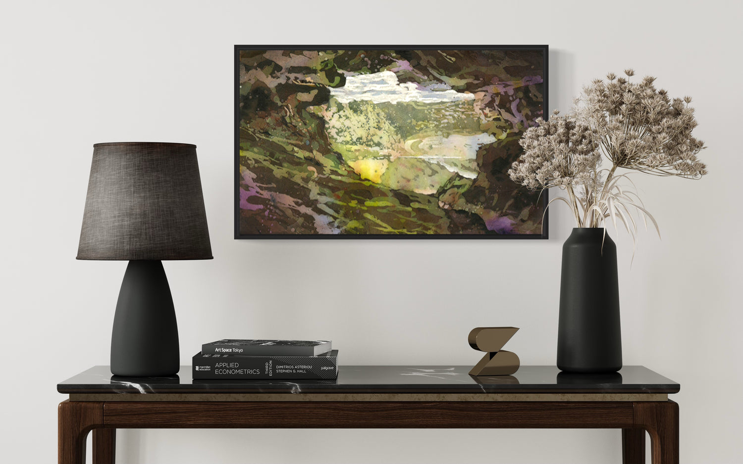 Cueva Ventana Puerto Rico Watercolor Batik | Original Artwork & Giclee capturing the striking contrast between dark, rugged rock textures and the serene, sunlit beauty of the island’s valley below, seen through a cave’s mouth.
