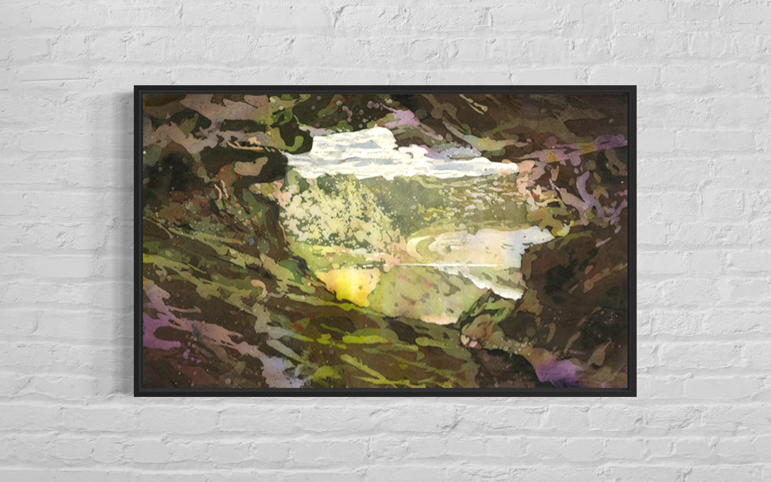 An ethereal interpretation of the famous Cueva Ventana view, this Puerto Rico Watercolor Batik | Original Artwork & Giclee features glowing green fields and bright white clouds seen from a shadowed cave interior.