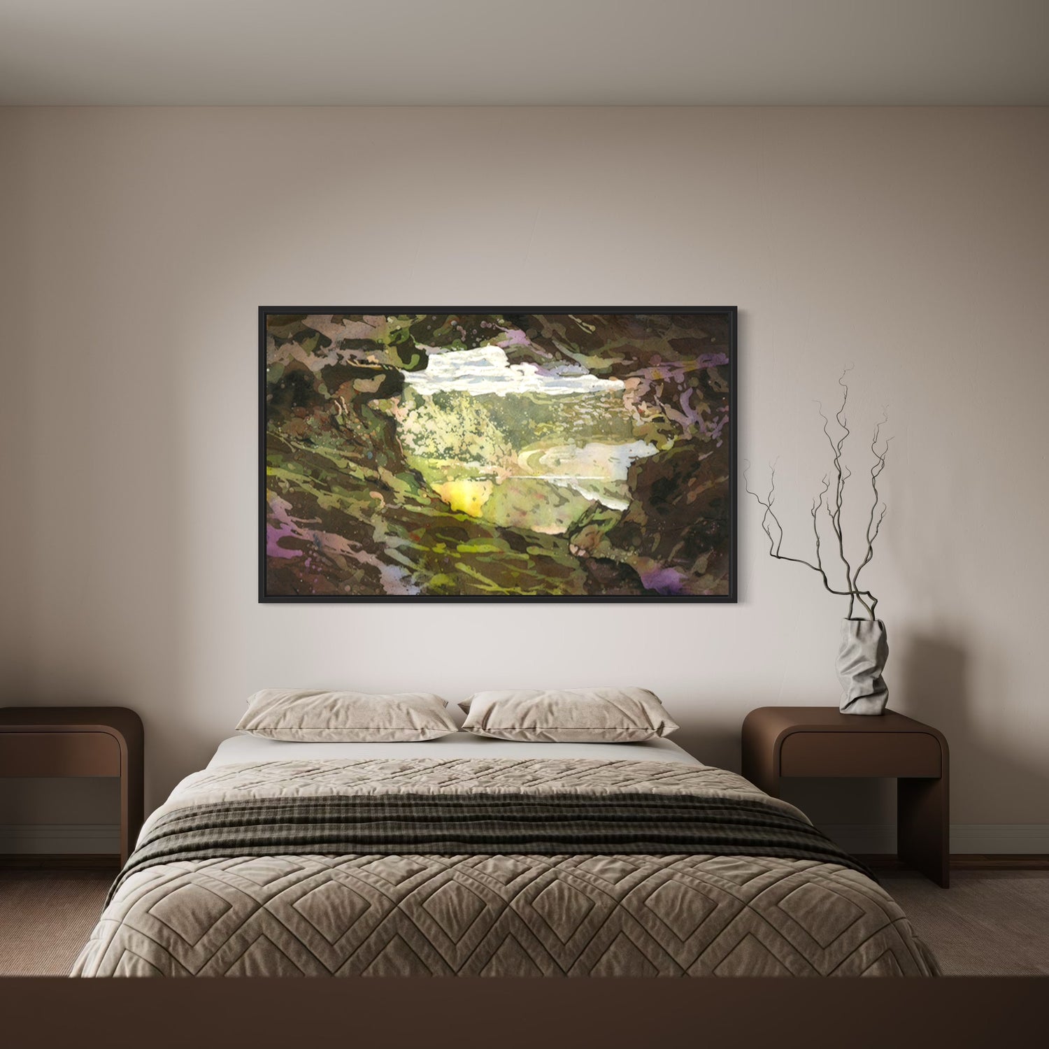 This Cueva Ventana Puerto Rico Watercolor Batik | Original Artwork & Giclee showcases a dramatic composition of dark cave walls framing a radiant, misty view of Puerto Rico’s lush terrain, painted with soft washes and batik crackle effects.