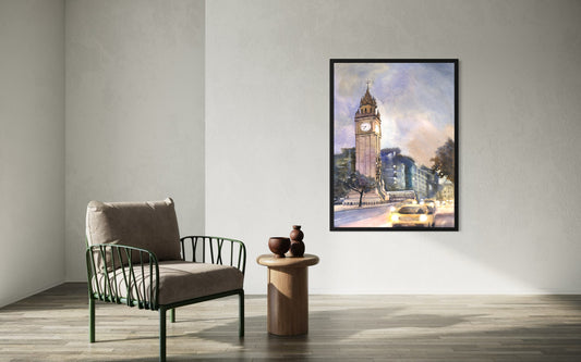 Traditional watercolor cityscape of Albert Memorial Clock in Belfast Northern Ireland, evening sky and glowing street scene