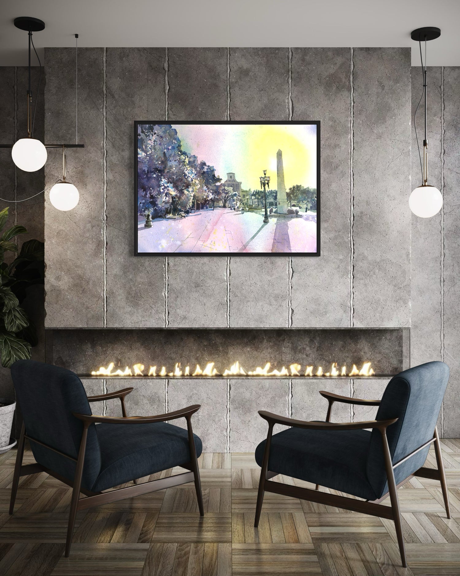 Fine art watercolor of the historic Arecibo Church in Puerto Rico with palm trees and bright skies—perfect for interior design and travel-inspired wall art.