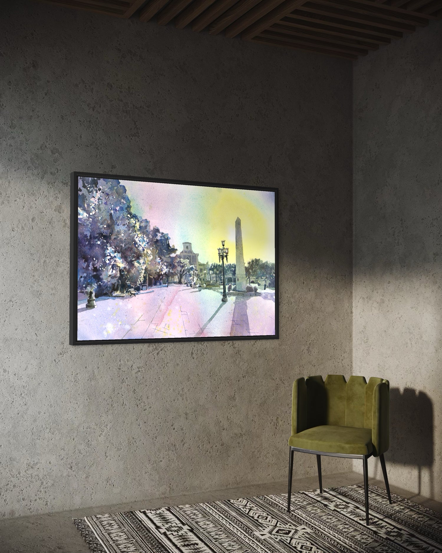 Architectural watercolor painting of Arecibo Church Puerto Rico, highlighting elegant stonework and tropical surroundings—great home or office art print.