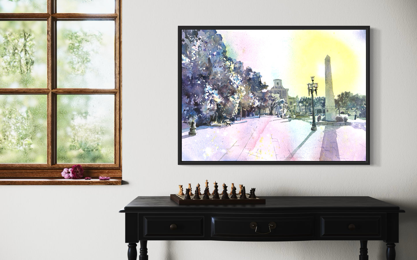 Colorful Caribbean landscape watercolor featuring the iconic Arecibo Church with detailed architecture—ideal for travel essentials and unique art gifts.