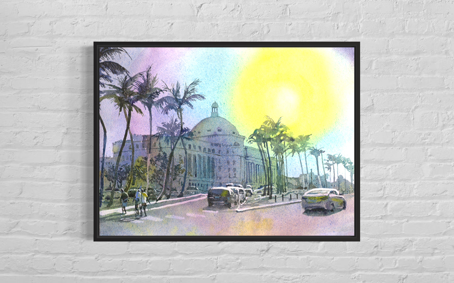 Fine art watercolor of Puerto Rico’s grand Capitol, surrounded by lush green landscape and vibrant Caribbean colors—ideal interior design accent or gift for him or her.