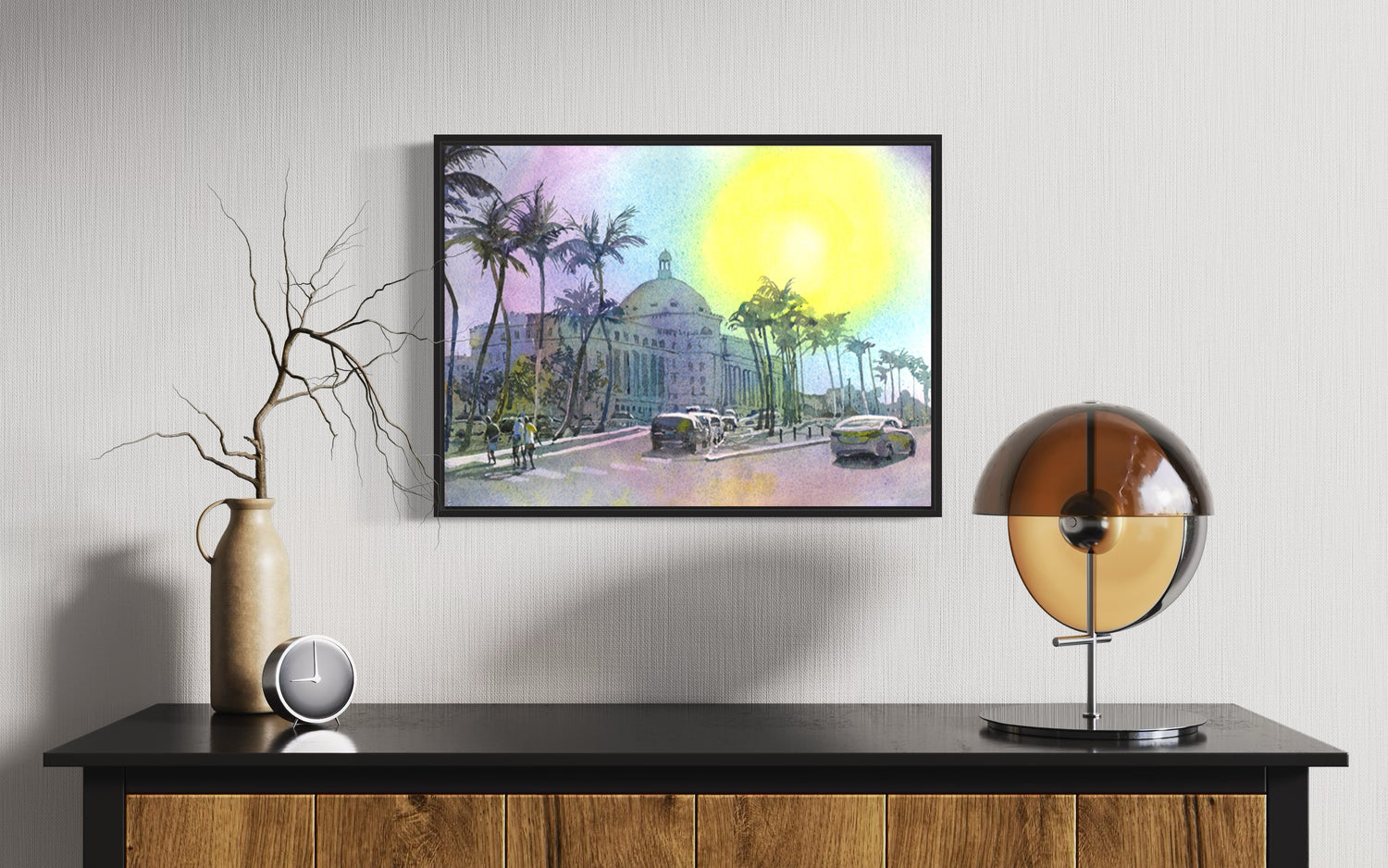 Architectural watercolor painting of the Puerto Rico Capitol, with classical columns and tropical surroundings—great home decor piece for cultural travel enthusiasts.