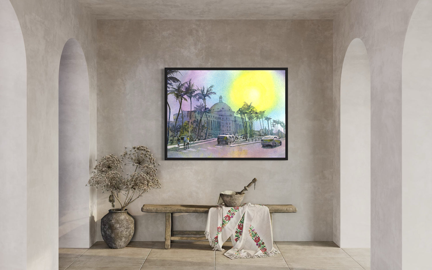 Bright and colorful watercolor artwork of the Puerto Rico Capitol building set against a Caribbean sky—perfect for home/office art or thoughtful gifts.