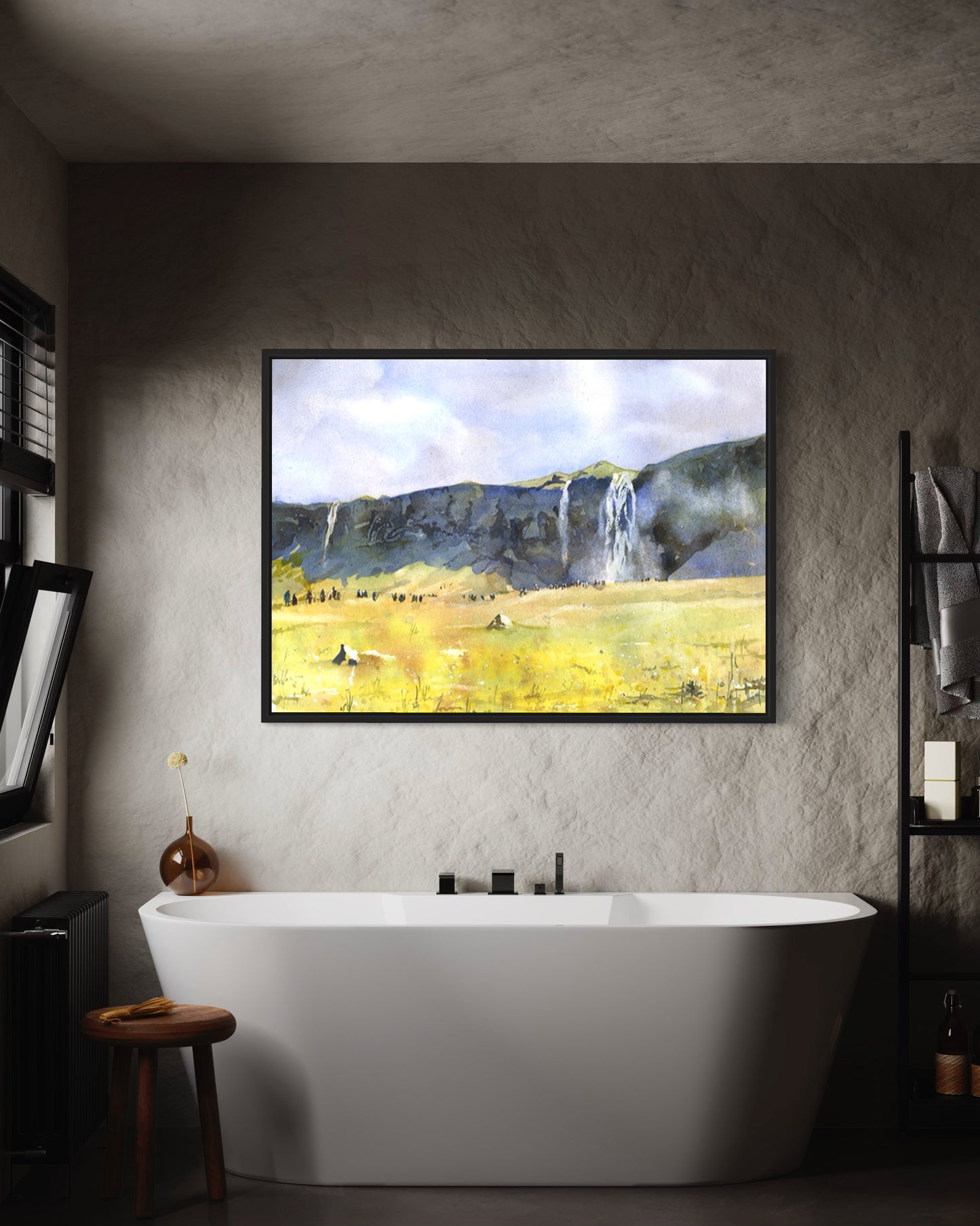 Colorful waterfall landscape painting of Seljalandsfoss cascading into a misty pool—perfect wall art for nature lovers and global interior design.