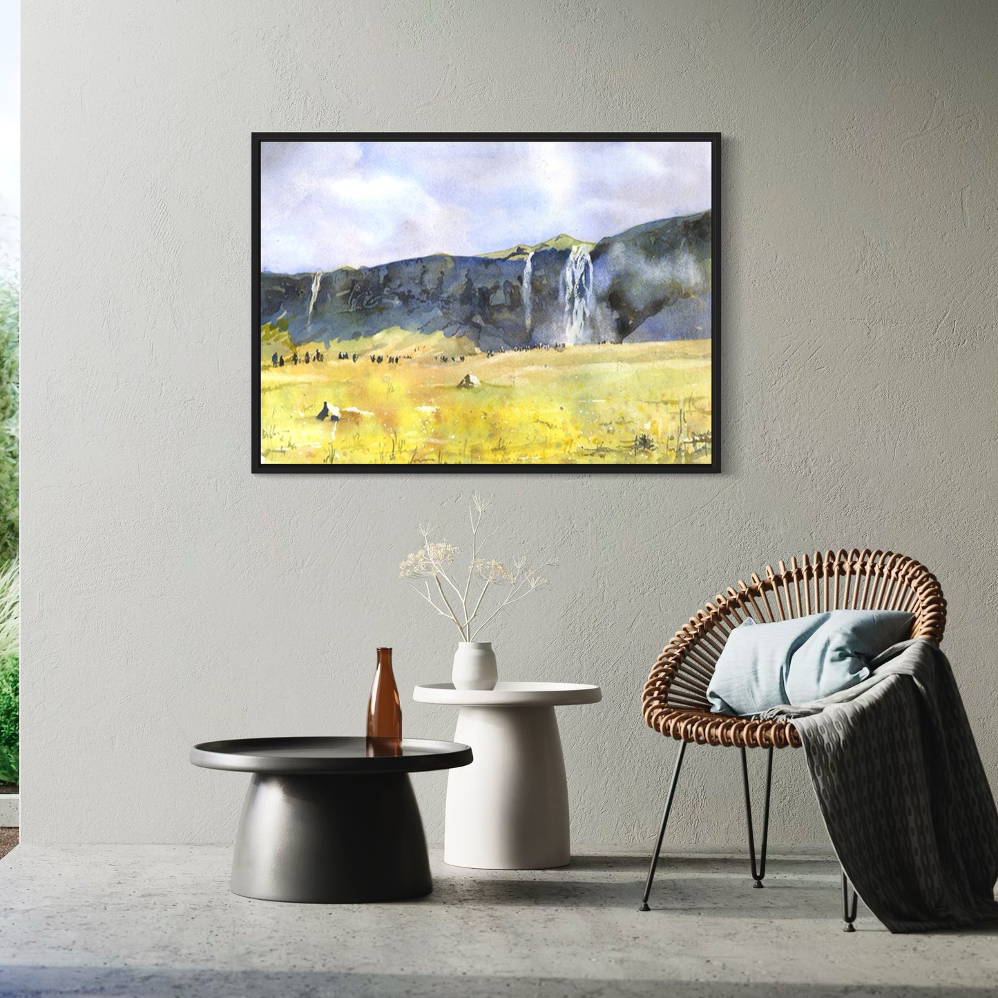 Watercolor painting of Seljalandsfoss Iceland with dramatic sky and lush greenery—ideal gift for him or her and essential Nordic travel home decor.