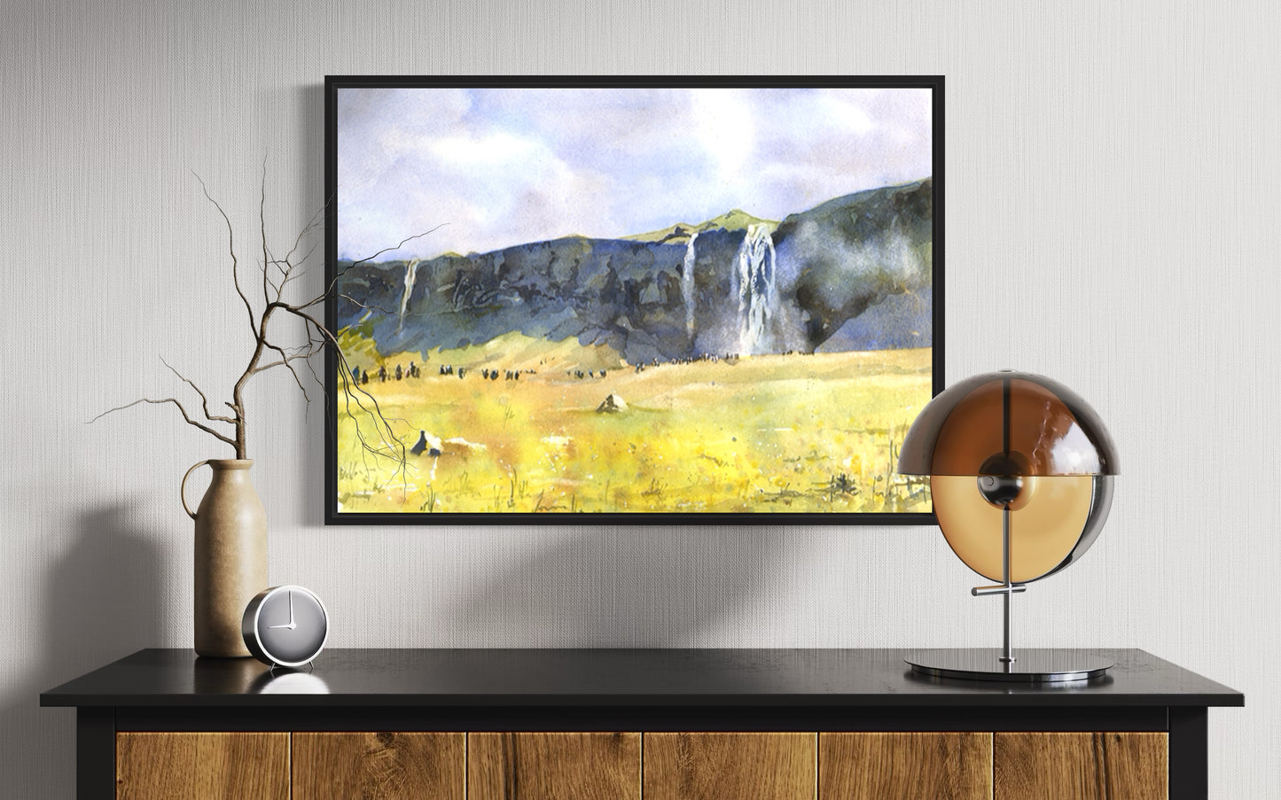 Soft watercolor brushwork depicting the beauty of Seljalandsfoss Iceland waterfall—ideal art for home/office and thoughtful art gift for her.