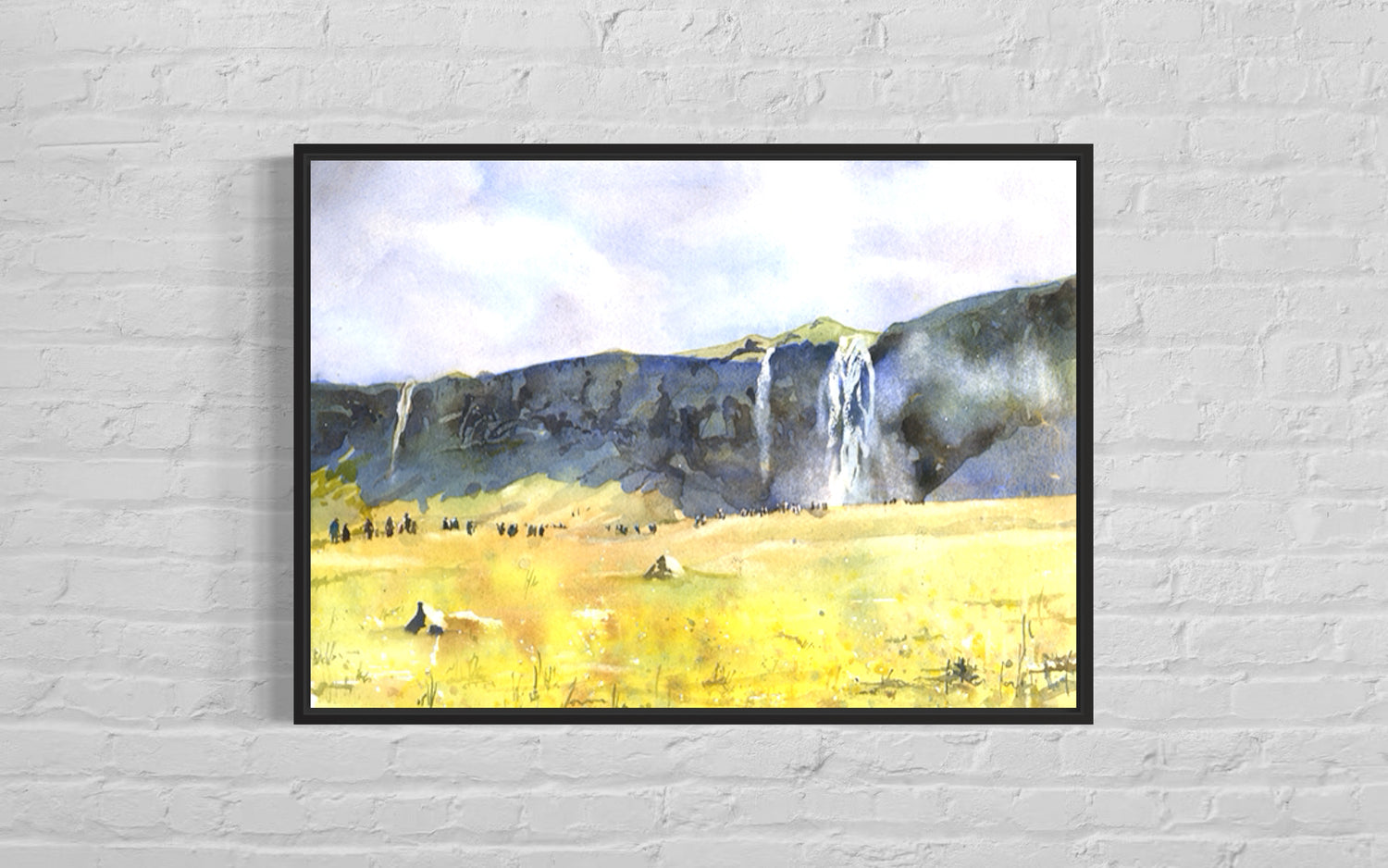 Scenic watercolor of Seljalandsfoss waterfall Iceland surrounded by cliffs and wildflowers—great for travel essentials collectors and modern home decor.